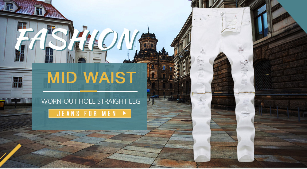 Men Jeans Mid Waist Worn-out Hole Straight Leg Zipper Pants