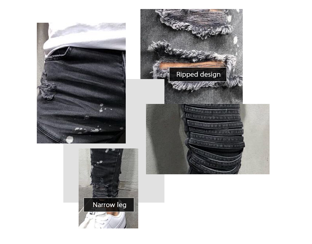 Men Stylish Ripped Jeans Pants Skinny Slim Fit Frayed Denim Trousers