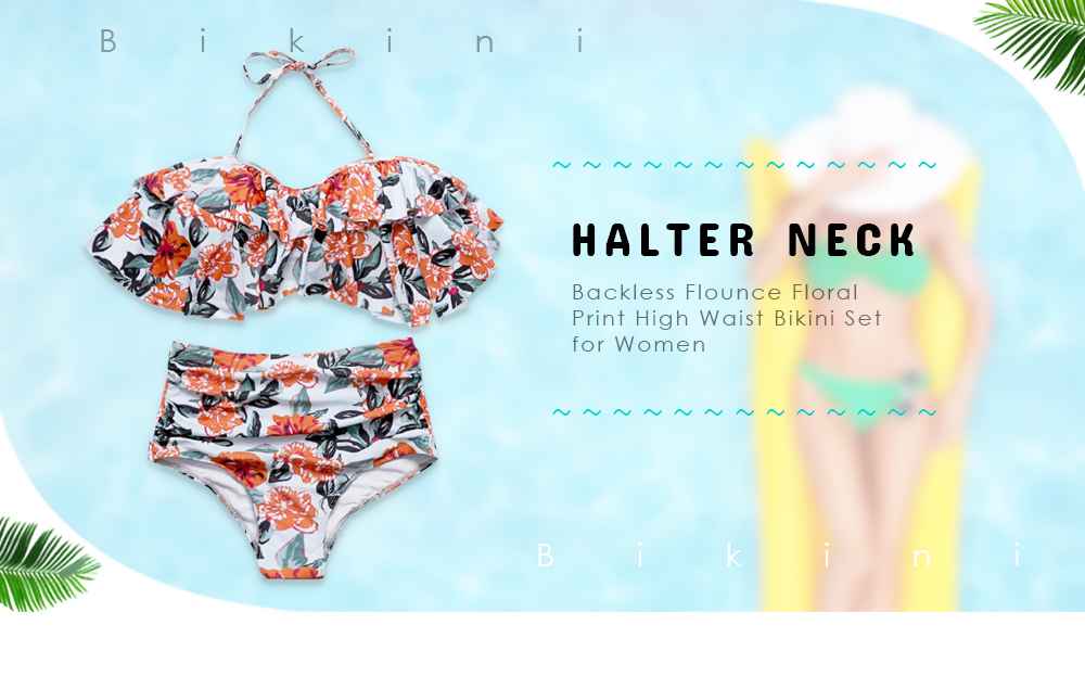 Halter Neck Backless Padded Flounce Floral Print High Waist Women Bikini Set