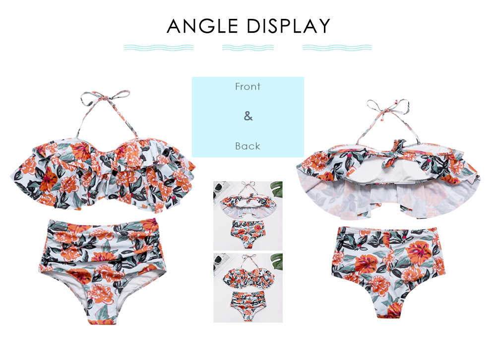 Halter Neck Backless Padded Flounce Floral Print High Waist Women Bikini Set