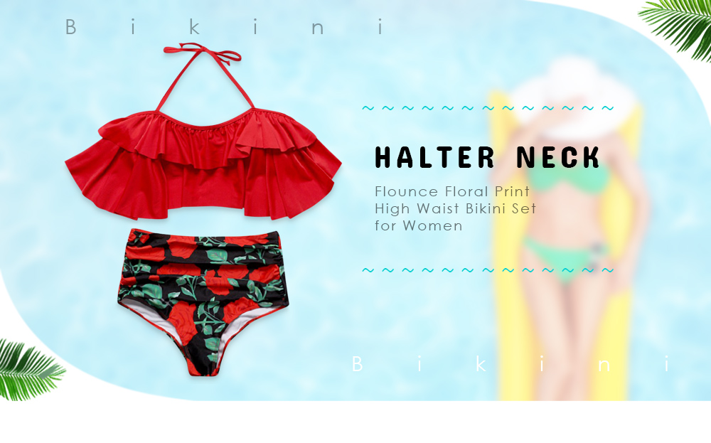 Halter Neck Backless Padded Flounce Floral Print High Waist Swimsuit Women Bikini Set