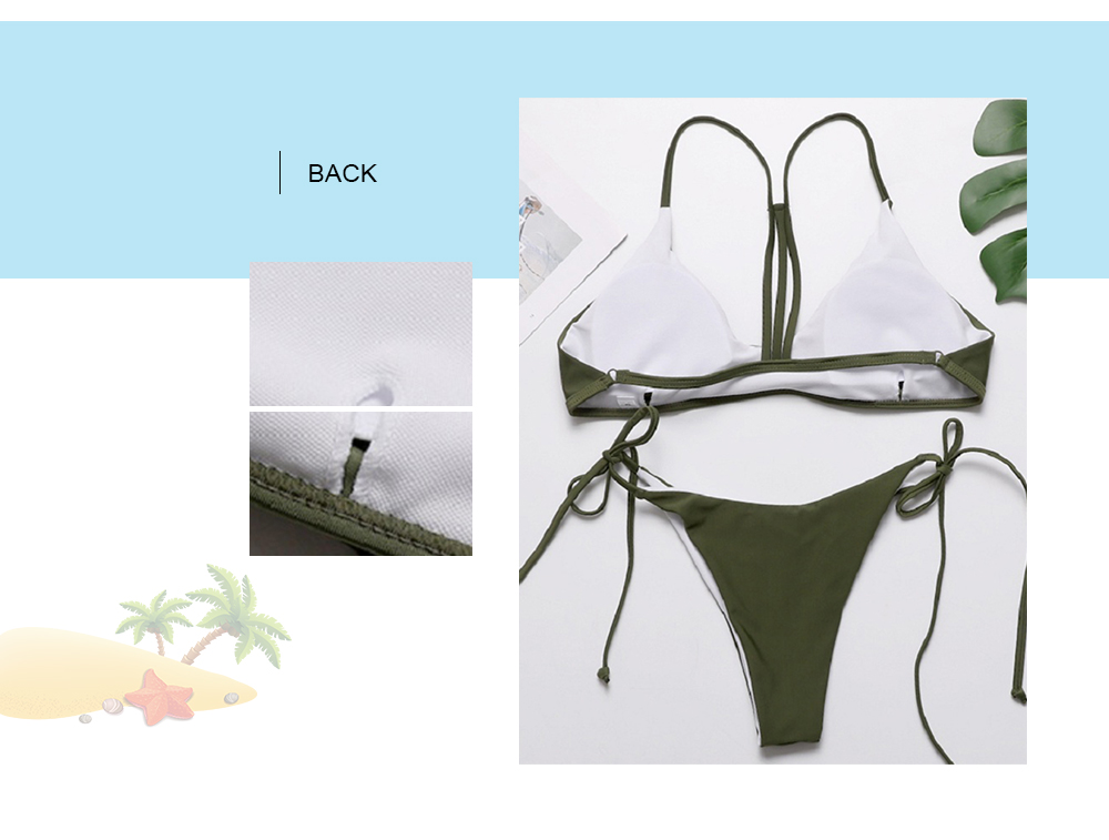 Spaghetti Strap Backless Padded Solid Color Tied Low Waist Swimsuit Women Bikini Set