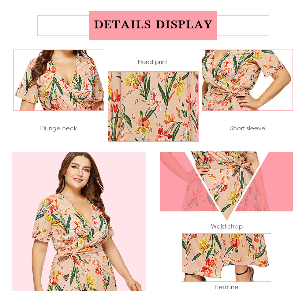 Plunge Neck Short Sleeve Floral Print Belted Plus Size Women Maxi Dress