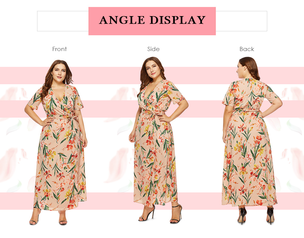 Plunge Neck Short Sleeve Floral Print Belted Plus Size Women Maxi Dress
