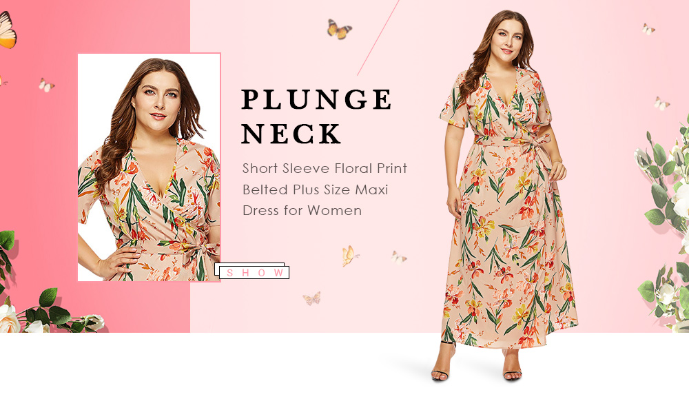 Plunge Neck Short Sleeve Floral Print Belted Plus Size Women Maxi Dress