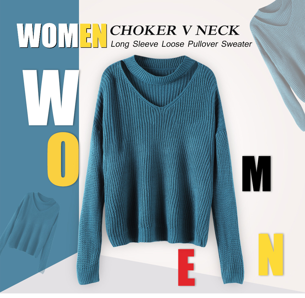 V Neck Choker Cut Out Long Sleeve Solid Color Loose Women Pullover Sweater