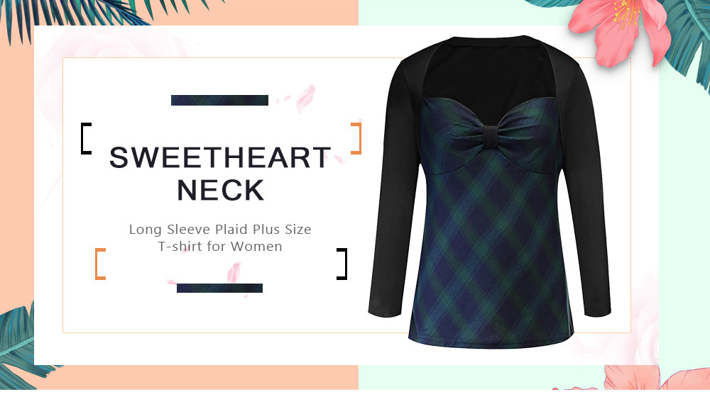 Sweetheart Neck Long Sleeve Spliced Plaid Ruched Plus Size Women T-shirt