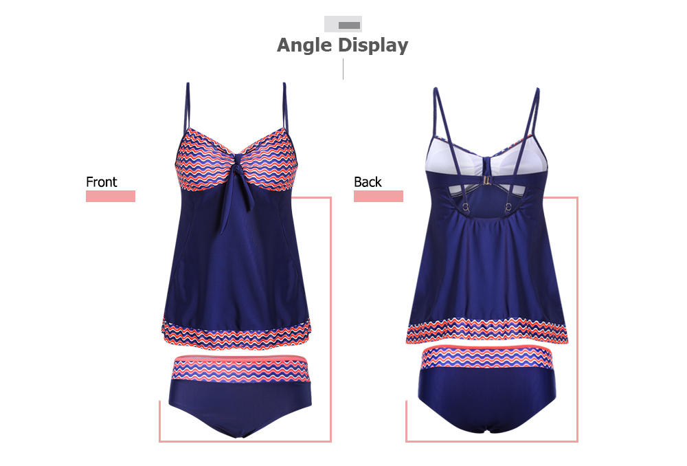 Spaghetti Strap Padded Chevron Stripe Print Mid Waist Women Tankini Set