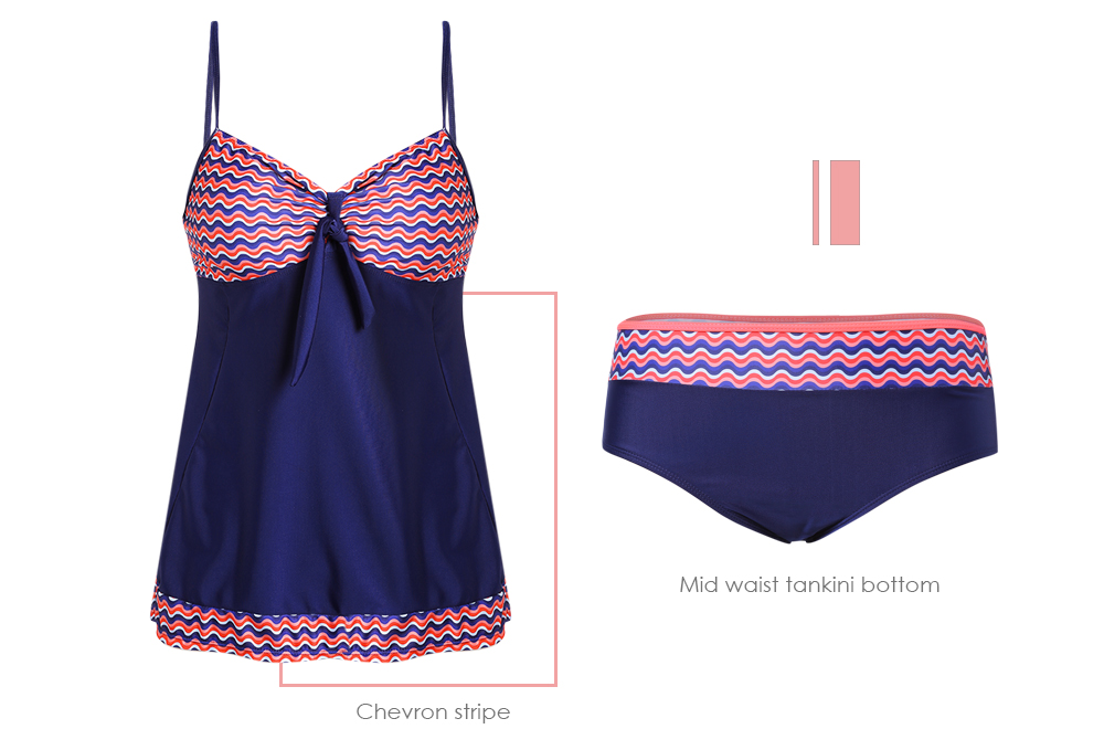 Spaghetti Strap Padded Chevron Stripe Print Mid Waist Women Tankini Set