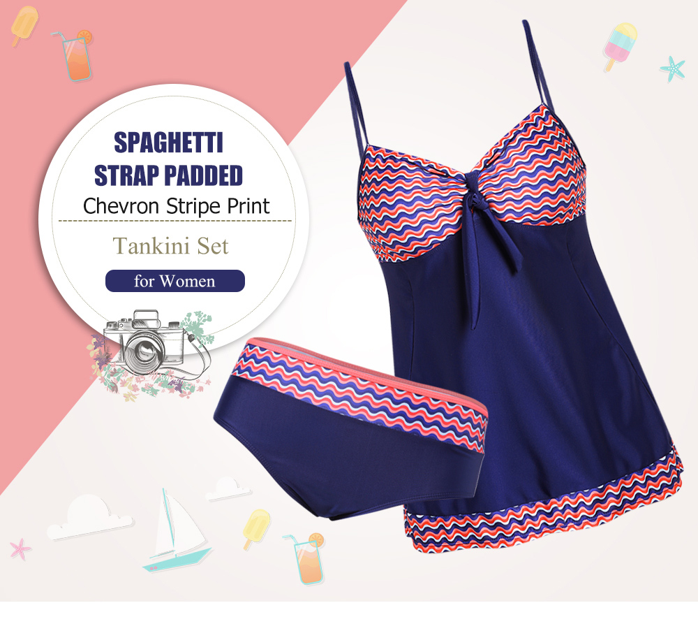 Spaghetti Strap Padded Chevron Stripe Print Mid Waist Women Tankini Set