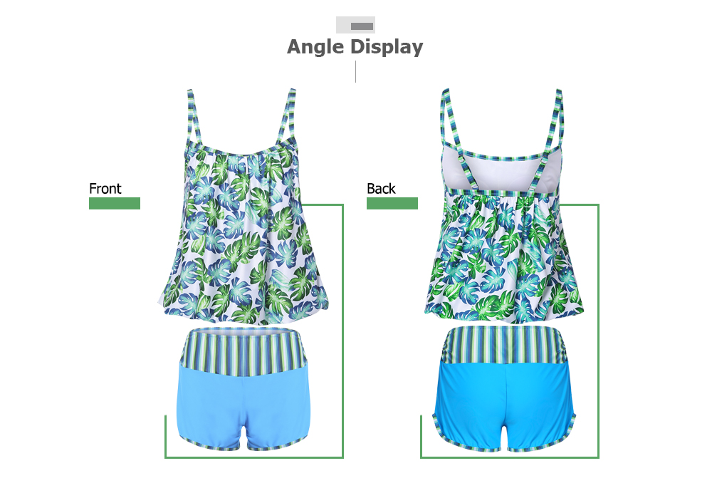 Spaghetti Strap Padded Leaf Print Vertical Stripe Mid Waist Women Tankini Set