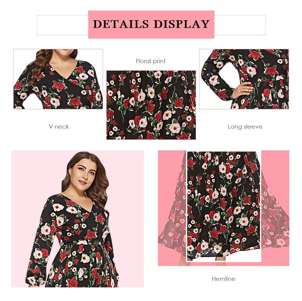 V Neck Long Sleeve Floral Print Plus Size Women Maxi Dress