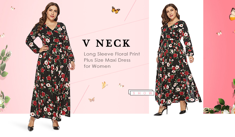V Neck Long Sleeve Floral Print Plus Size Women Maxi Dress