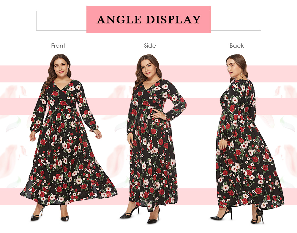 V Neck Long Sleeve Floral Print Plus Size Women Maxi Dress