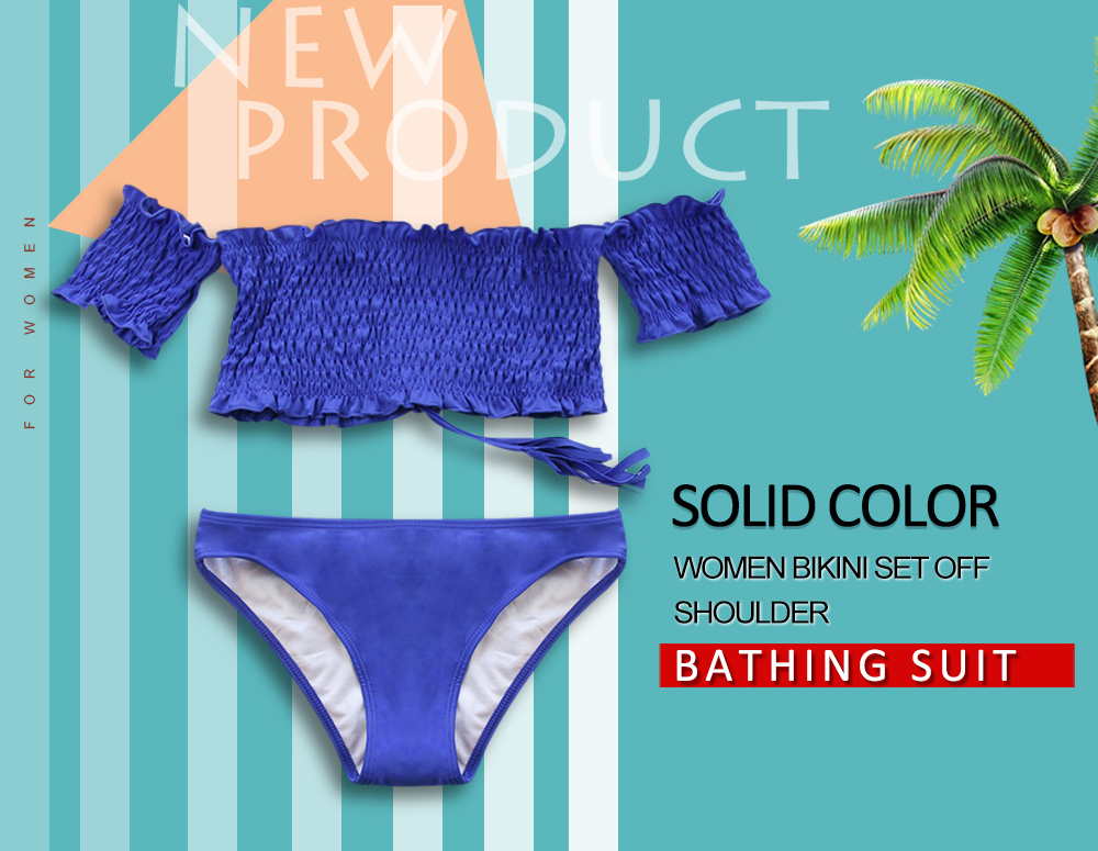 Swimsuit Solid Color Women Swimwear Bikini Set Off Shoulder Bathing Suit
