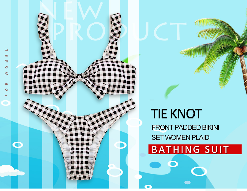 Tie Knot Front Padded Bikini Set Women Swimwear Swimsuit Plaid Bathing Suit