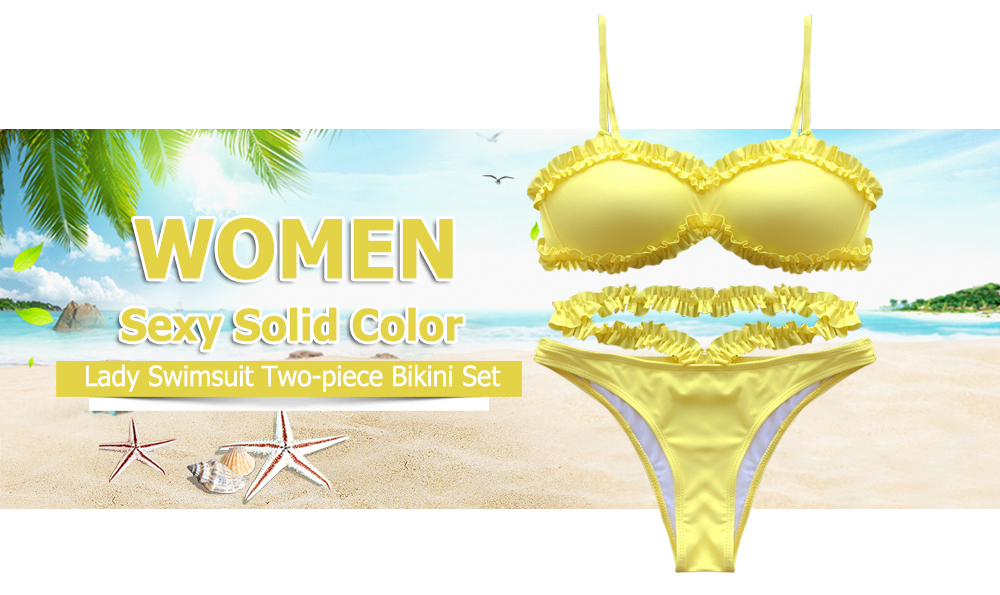 Women Sexy Solid Color Floral Ruffle Lady Swimsuit Two-piece Bikini Set