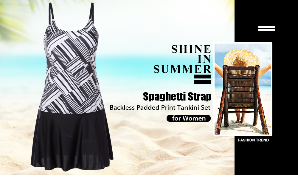 Spaghetti Strap Backless Padded Stripe Print Mid Waist Women Tankini Set