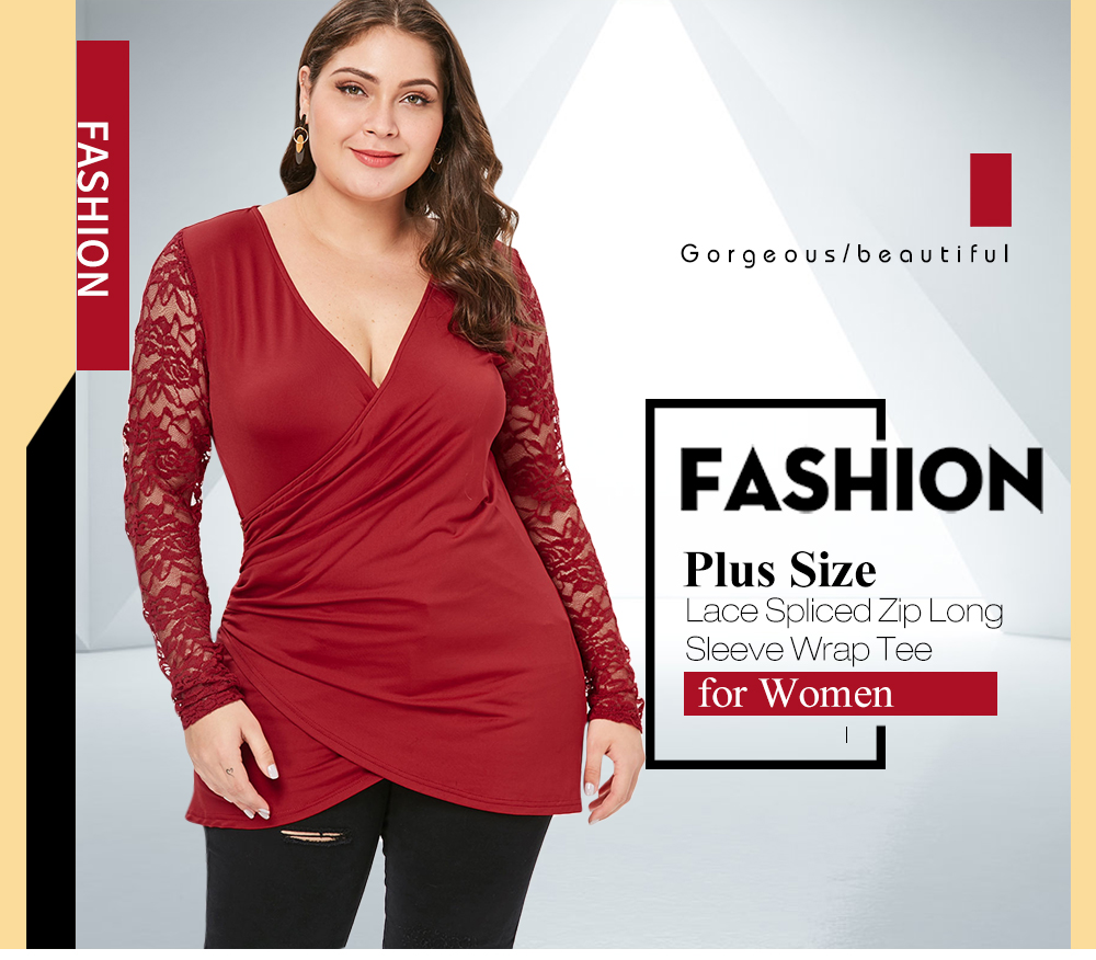 Plus Size Lace Spliced V Neck Wrap Tee