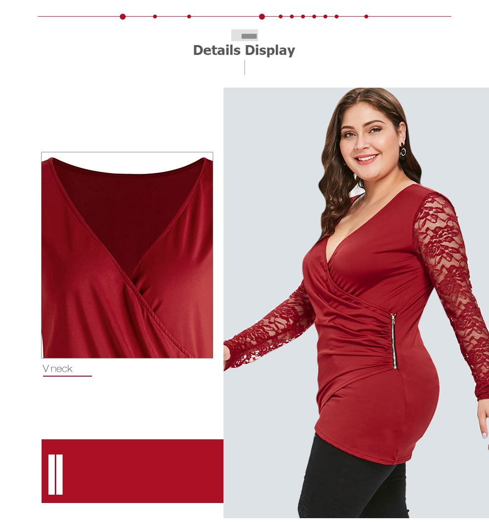 Plus Size Lace Spliced V Neck Wrap Tee