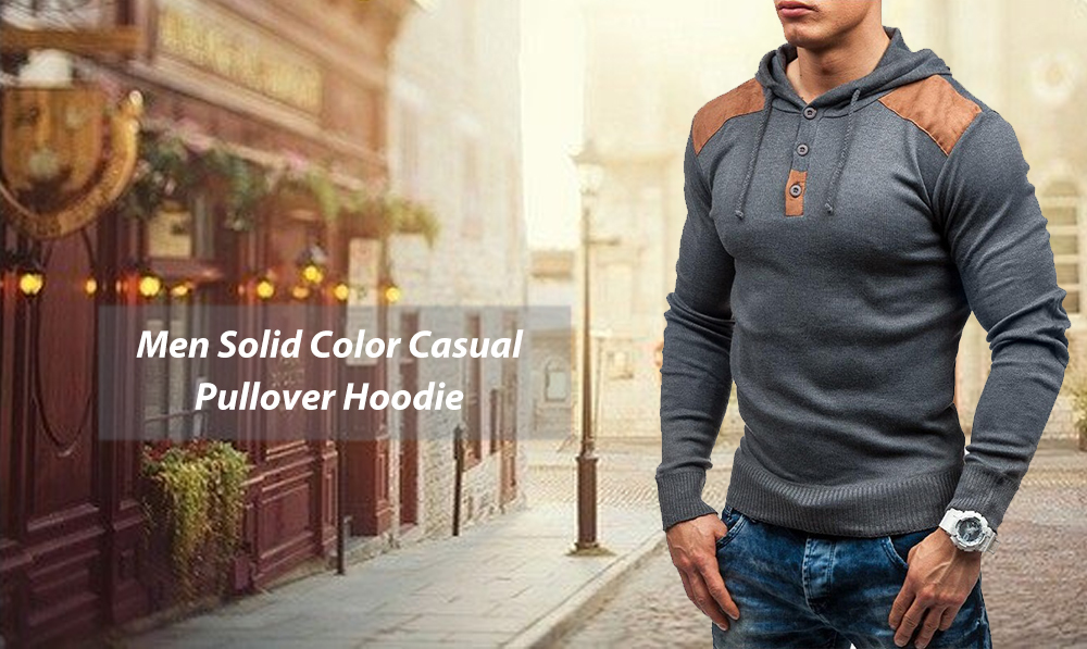 Men's solid color hooded pullover sweater double shoulder suede stitching