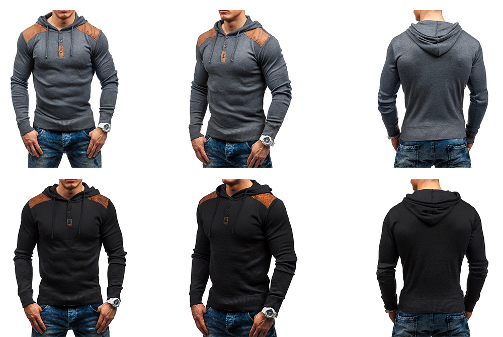 Men's solid color hooded pullover sweater double shoulder suede stitching