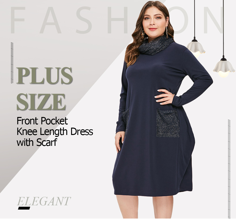 Plus Size Front Pockets Knee Length Dress with Scarf