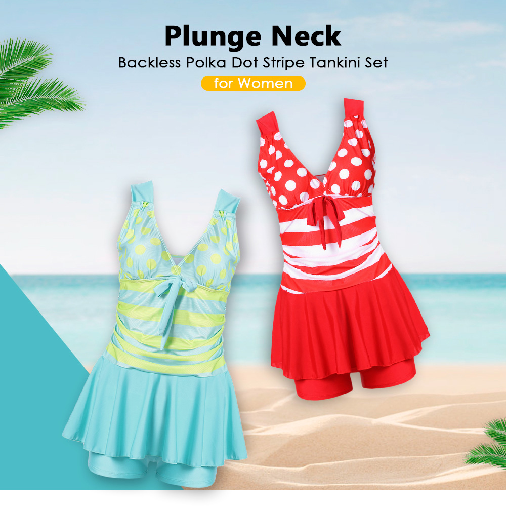 Plunge Neck Backless Padded Polka Dot Stripe Bowknot Swimsuit Mid Waist Women Tankini Set