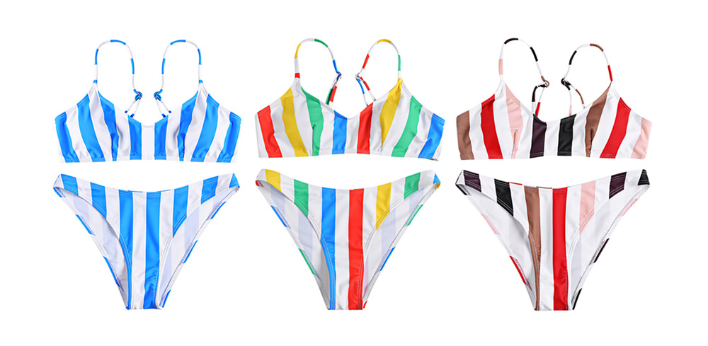 Spaghetti Strap Padded Backless Vertical Stripe Low Waist Women Bikini Set