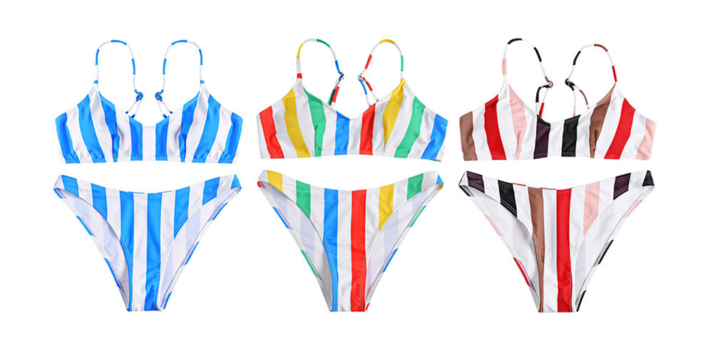 Spaghetti Strap Padded Backless Vertical Stripe Low Waist Women Bikini Set