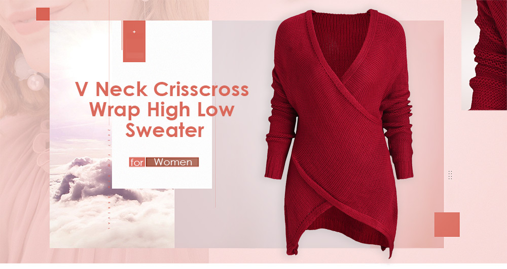 V Neck Crisscross Wrap High Low Sweater
