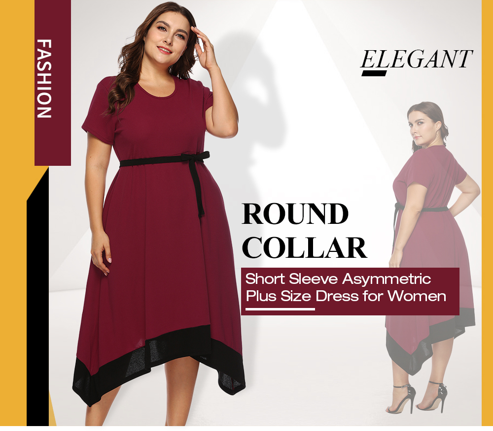 Round Collar Short Sleeve Color Blocking Belted A-line Asymmetric Women Plus Size Dress