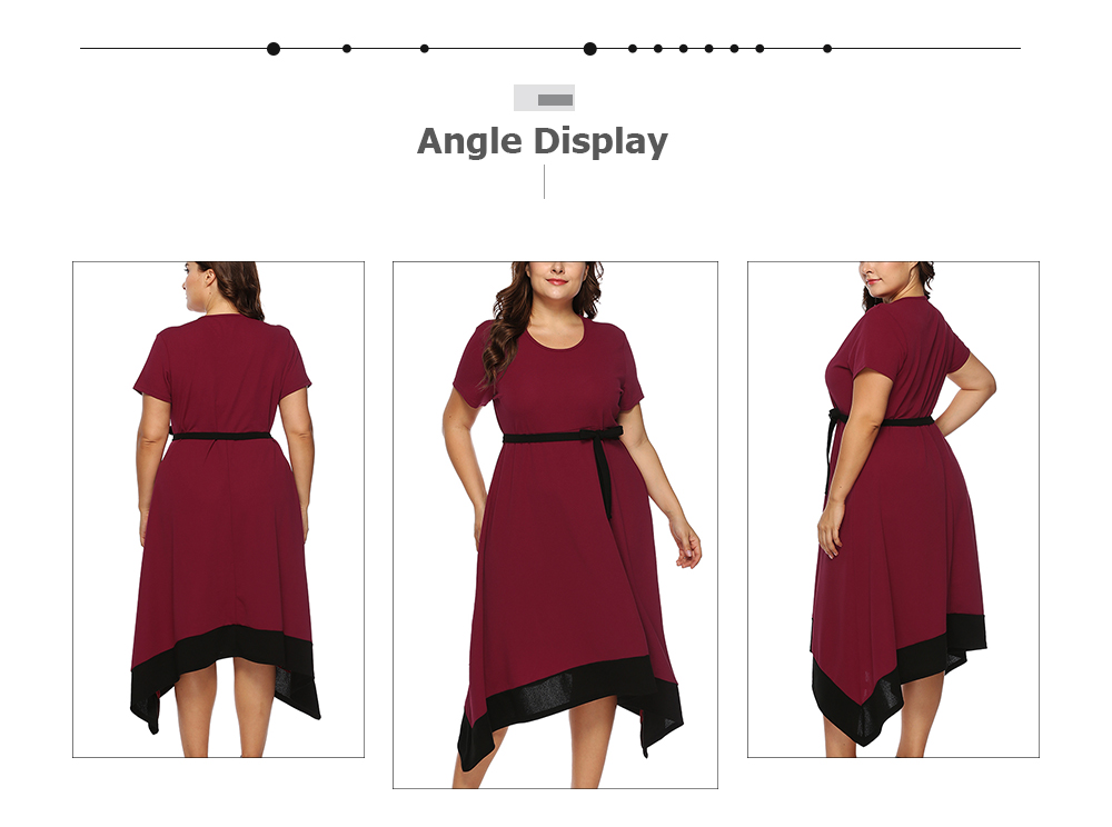 Round Collar Short Sleeve Color Blocking Belted A-line Asymmetric Women Plus Size Dress