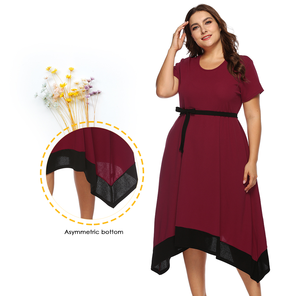 Round Collar Short Sleeve Color Blocking Belted A-line Asymmetric Women Plus Size Dress