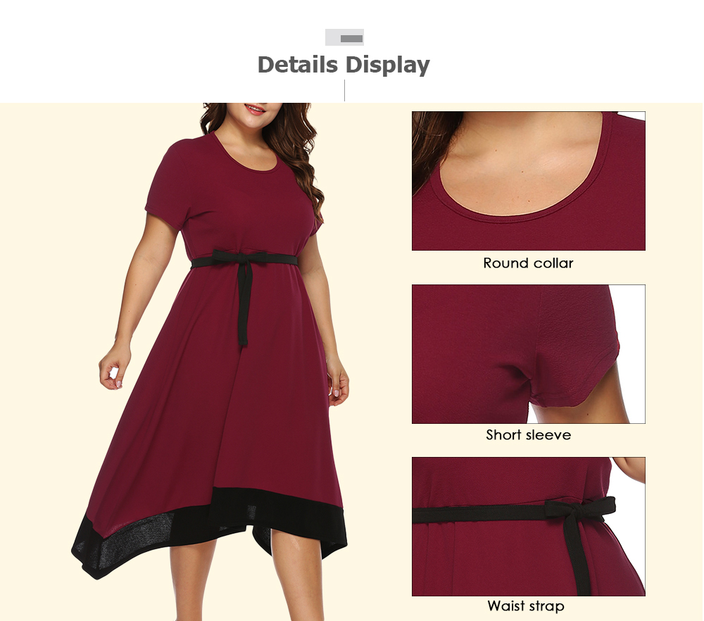 Round Collar Short Sleeve Color Blocking Belted A-line Asymmetric Women Plus Size Dress