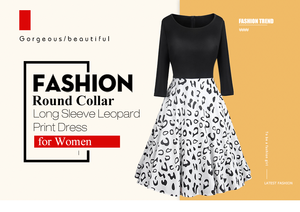Round Collar Long Sleeve Leopard Print A-line Women Vintage Dress
