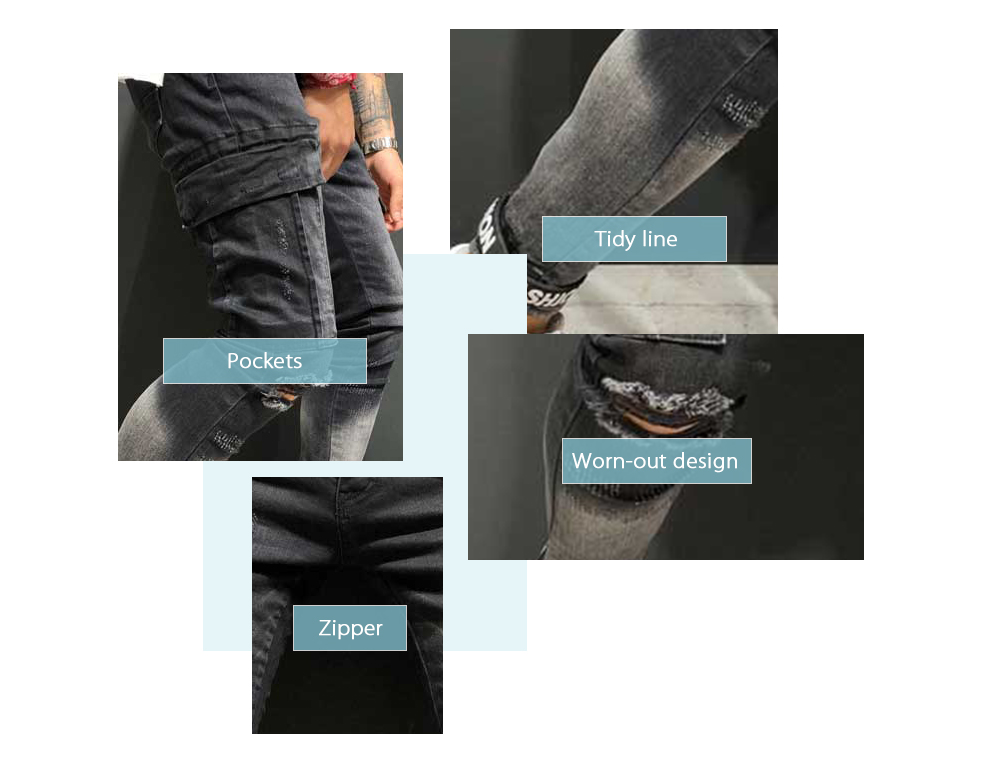 Men Jeans Worn-out Hole Slim Leg Zipper Pants