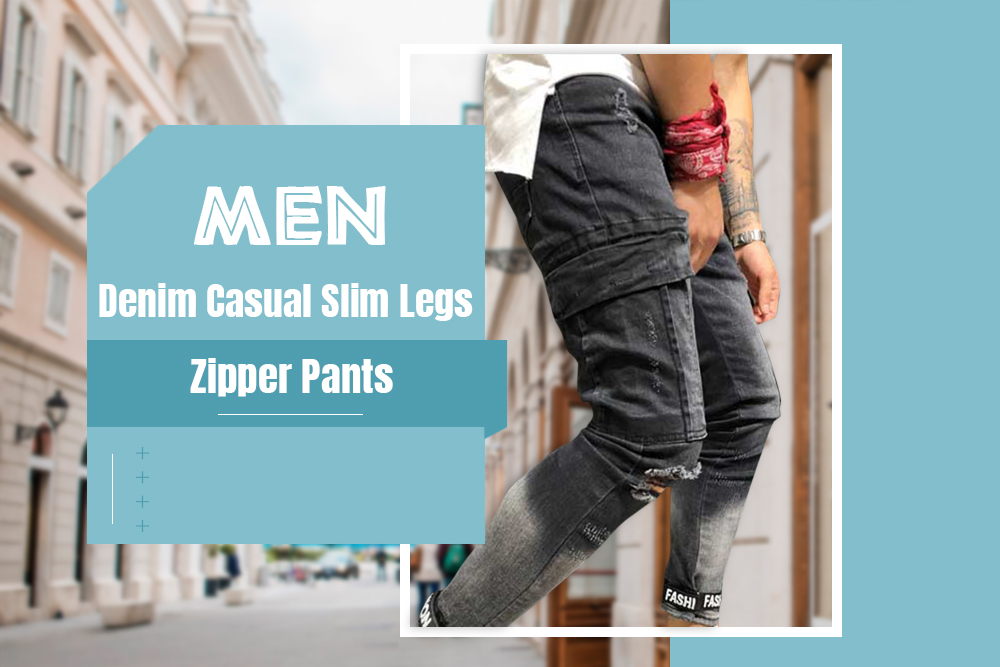 Men Jeans Worn-out Hole Slim Leg Zipper Pants