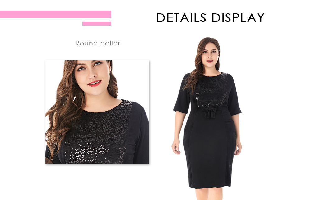 Round Collar Half Sleeve Sequins Bowknot Plus Size Women Bodycon Dress