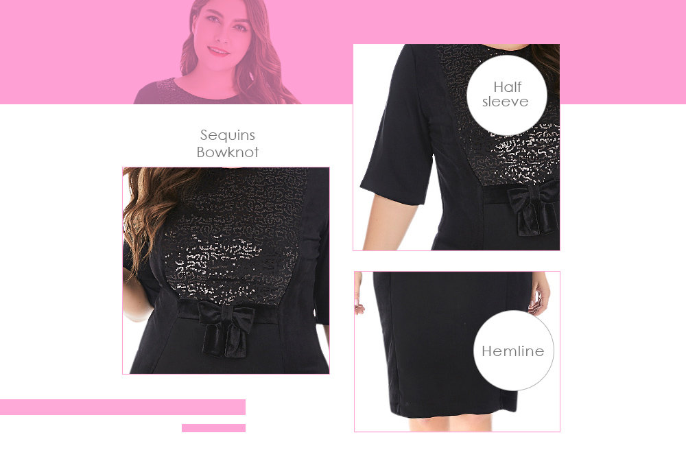 Round Collar Half Sleeve Sequins Bowknot Plus Size Women Bodycon Dress