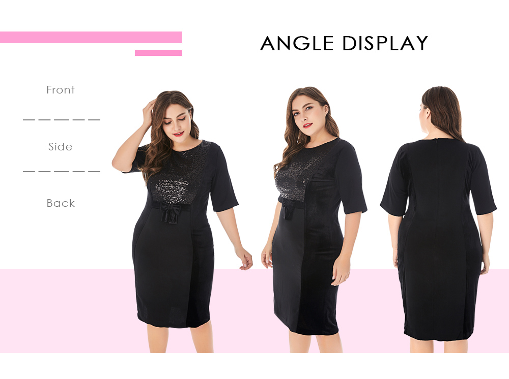 Round Collar Half Sleeve Sequins Bowknot Plus Size Women Bodycon Dress