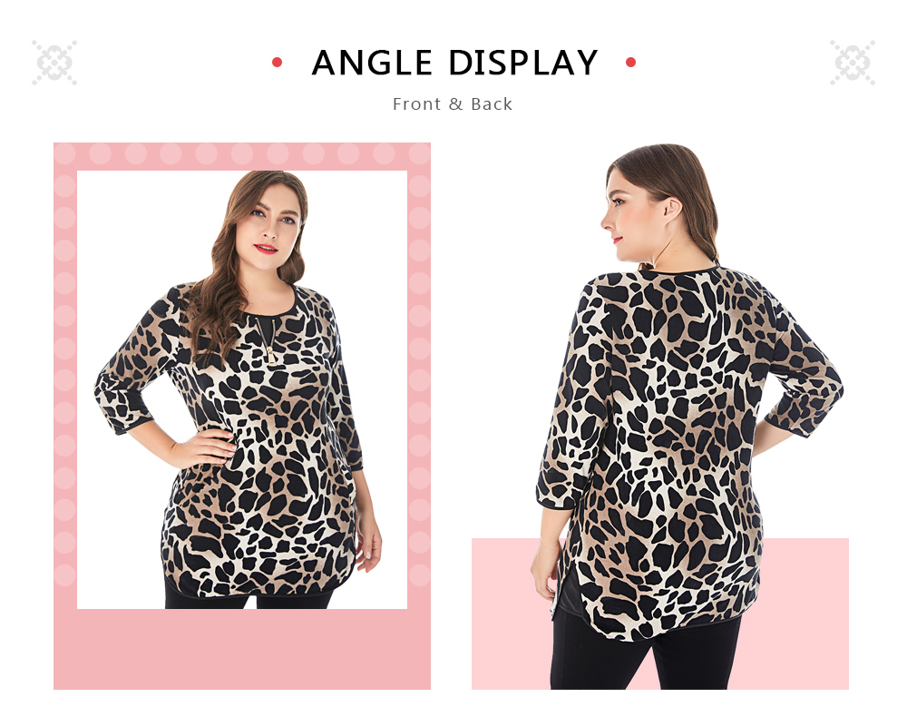 Round Collar 3/4 Sleeve Leopard Print Zipper Pocket Plus Size Women T-shirt