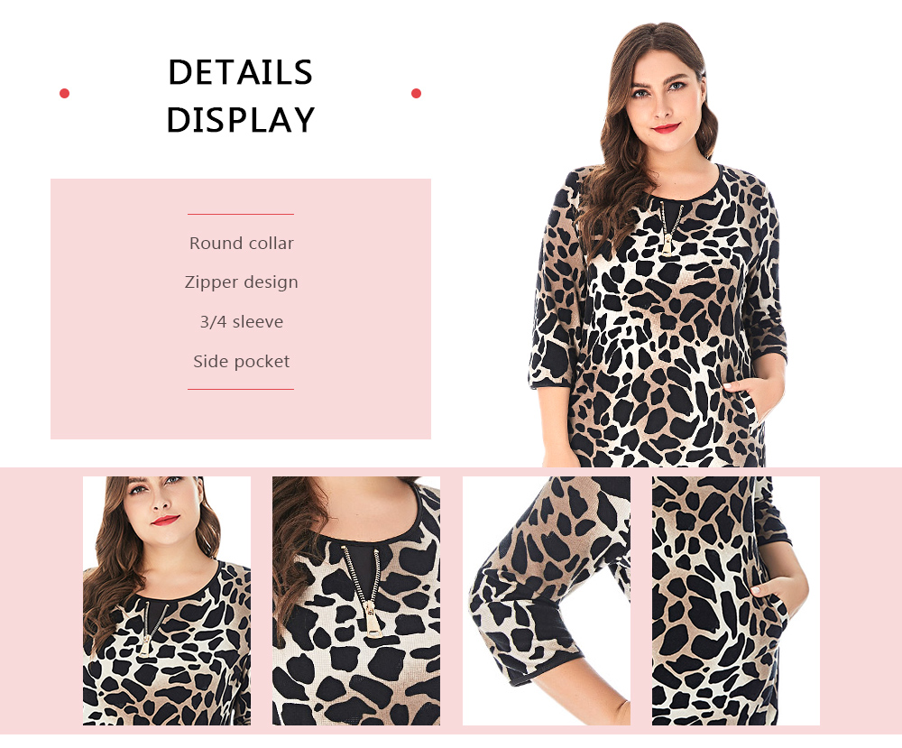 Round Collar 3/4 Sleeve Leopard Print Zipper Pocket Plus Size Women T-shirt