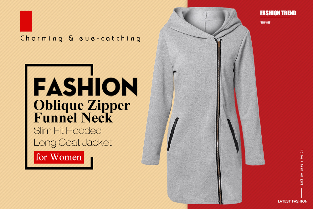 Oblique Zipper Funnel Neck Slim Fit Hooded Long Coat Jacket for Women