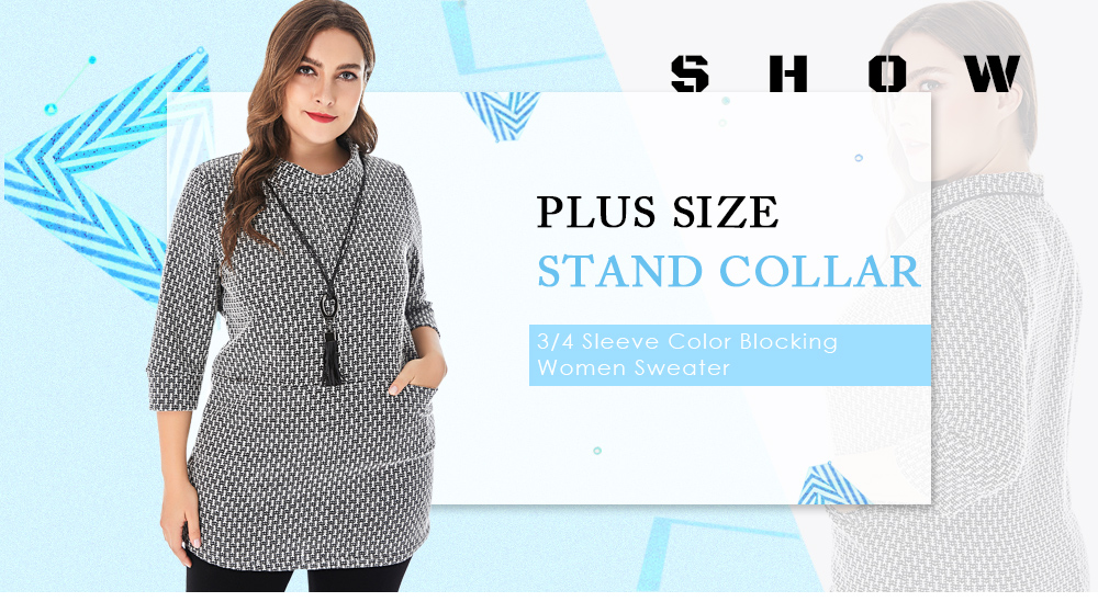 Stand Collar 3/4 Sleeve Color Blocking Pocket Plus Size Women Pullover Sweater with Chain