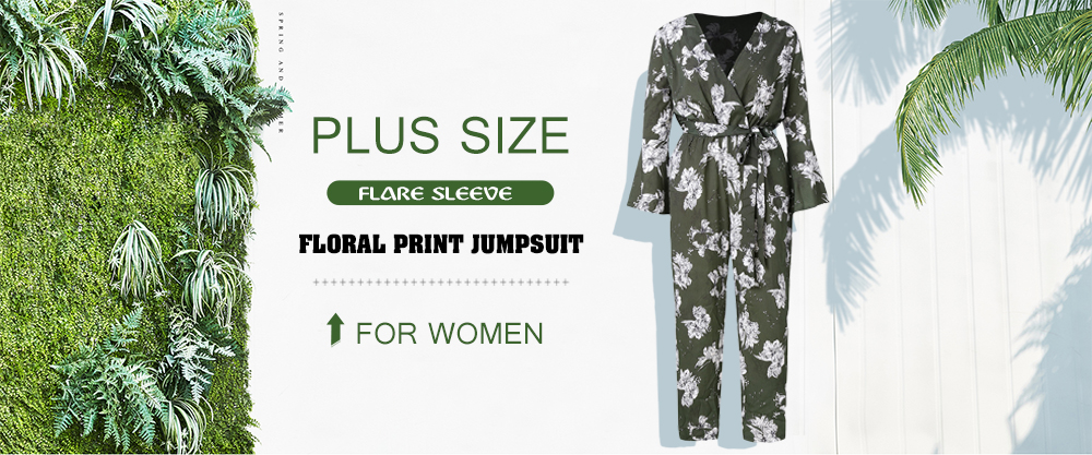 Plus Size Flare Sleeve Floral Print Jumpsuit