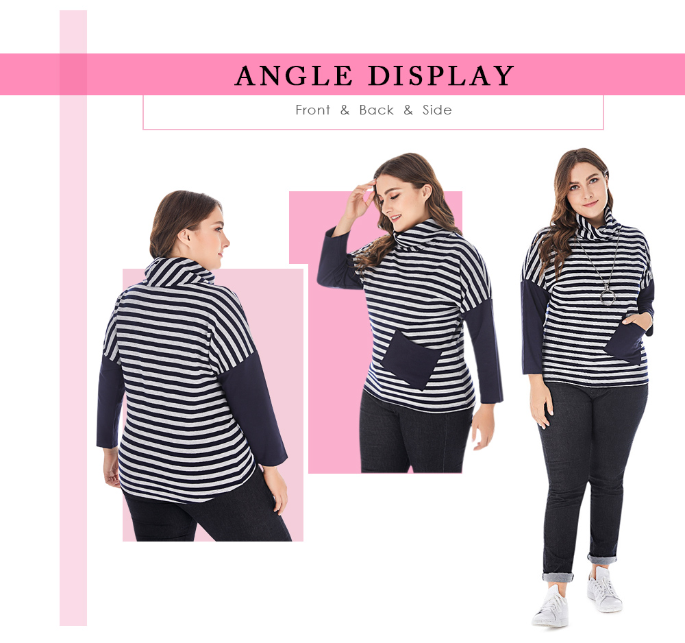 Women Plus Size Pullover Patchwork Striped Cowl Turtleneck Top Blouse Shirt