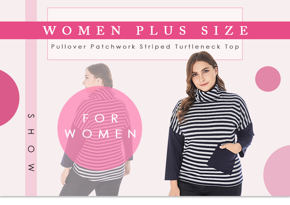 Women Plus Size Pullover Patchwork Striped Cowl Turtleneck Top Blouse Shirt