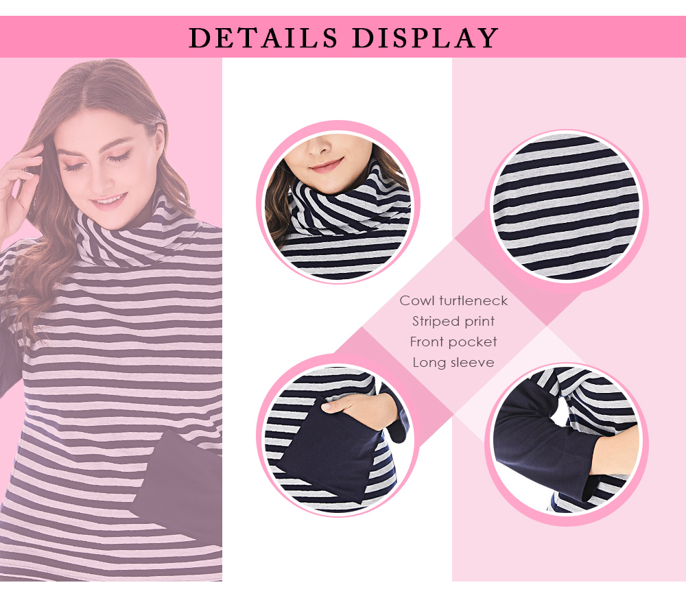 Women Plus Size Pullover Patchwork Striped Cowl Turtleneck Top Blouse Shirt