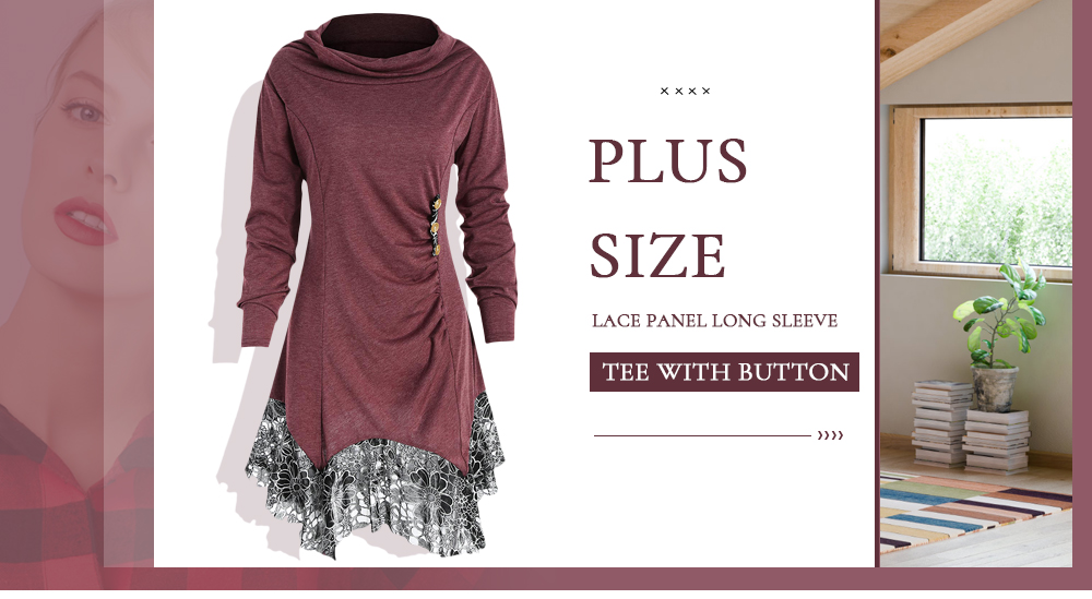 Plus Size Lace Panel Long Sleeves Tee with Buttons